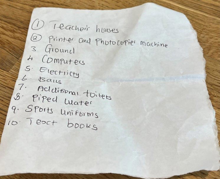 A requirements list sent by Chunzu Primary School
